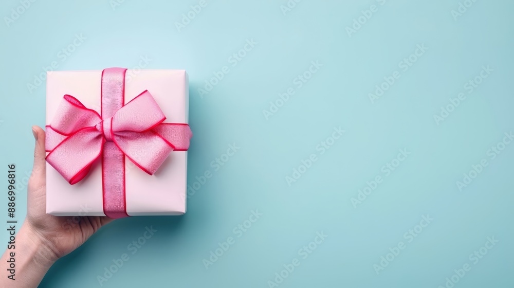 A woman's hand, holding a pink gift box before a blue backdrop, adorned with a pink bow A woman's hand, holding a pink gift box before a blue backdrop, adorned with a pink bow