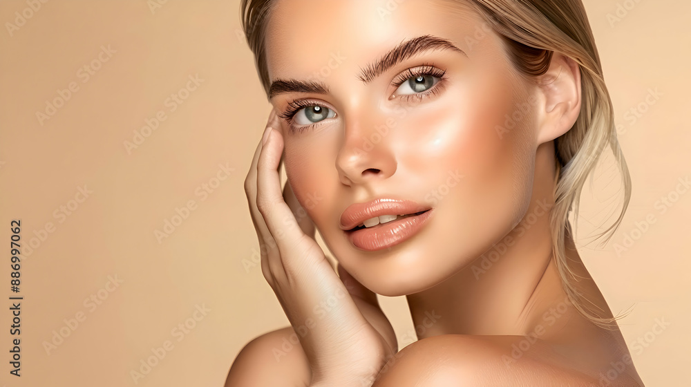 Beautiful Portrait Of Young Woman. Advertisement. Perfect Skin Face, Girl Touches her Face and looks away. makeup. Healthy Fresh Skin. beauty. soft beige background. isolated Beautiful Portrait Of Young Woman. Advertisement. Perfect Skin Face, Girl Touches her Face and looks away. makeup. Healthy Fresh Skin. beauty. soft beige background. isolated