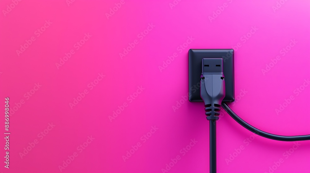 The black plug is plugged into the power lines on pink and magenta background The black plug is plugged into the power lines on pink and magenta background