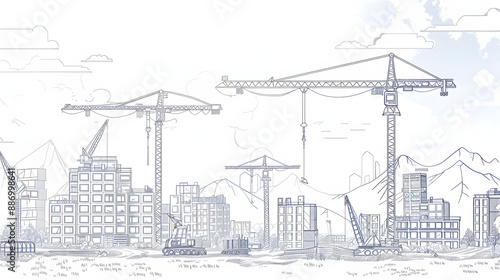 simplistic contruction site with cranes in the background, line art