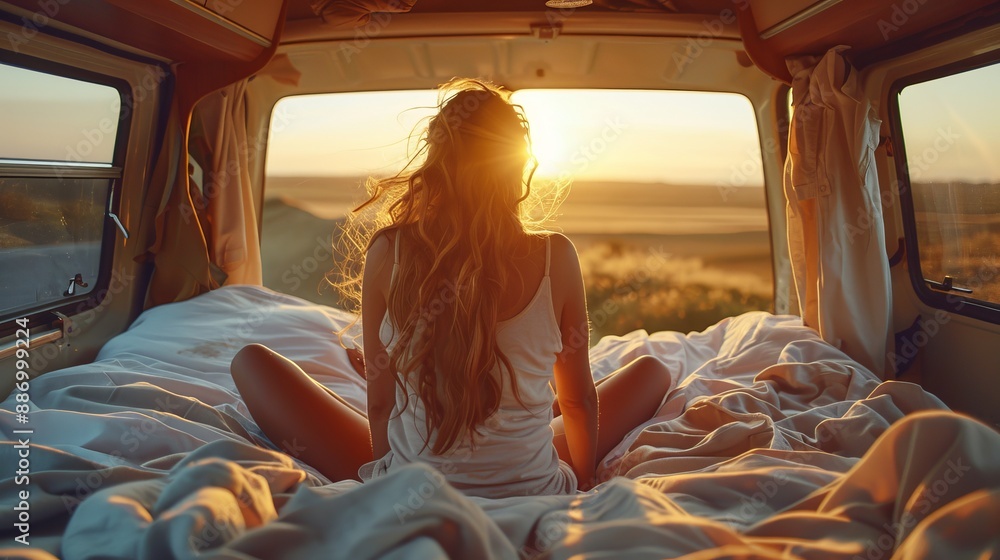 Cinematic photography of a beautiful girl's wakes up in the back of her camper van at sunrise its summer