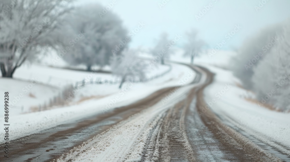 a snow-covered road featuring a distinct stop sign on one side and trees on the opposite side a snow-covered road featuring a distinct stop sign on one side and trees on the opposite side