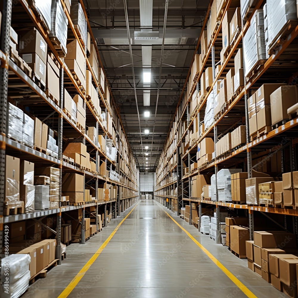 Fototapeta premium Endless Rows in a Vast Industrial Warehouse