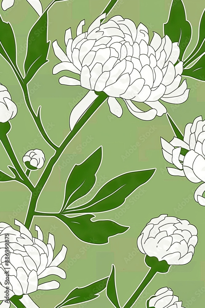 Chrysanthemum silhouette pattern with white blossoms and green leaves on a light green background seamless wallpaper pattern design Chrysanthemum silhouette pattern with white blossoms and green leaves on a light green background seamless wallpaper pattern design