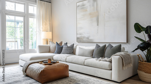 Cozy living room interion with couch, pants and canvas on the wall, living room interior design loft style photo