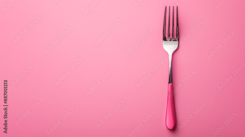 A fork atop a pink tabletop, next to a sheet of paper with a knife and fork impaled A fork atop a pink tabletop, next to a sheet of paper with a knife and fork impaled