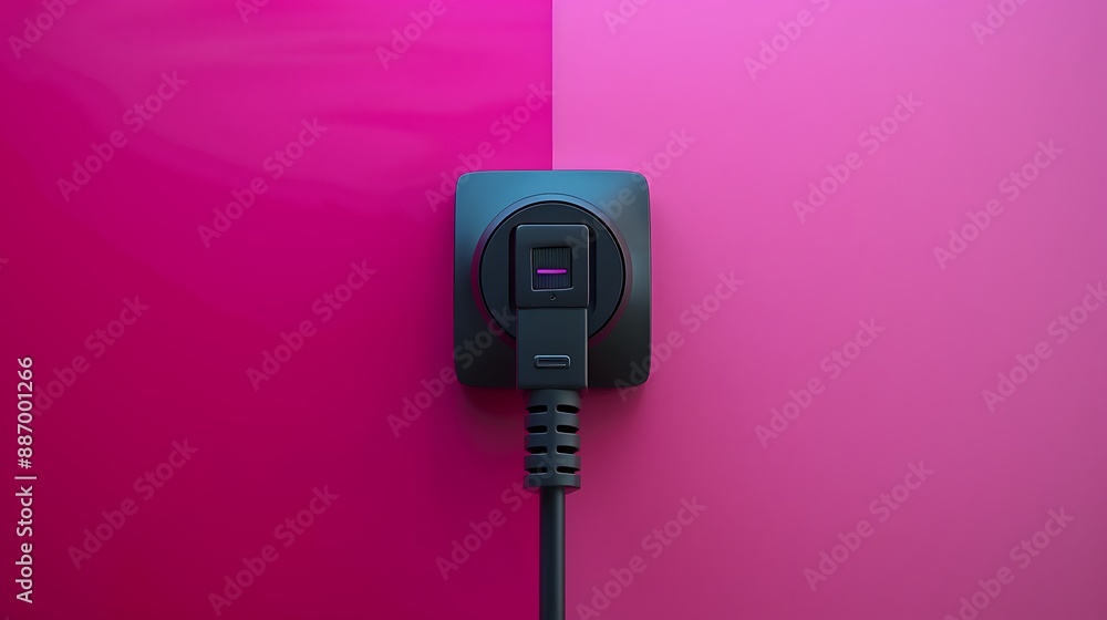 The black plug is plugged into the power lines on pink and orchid background The black plug is plugged into the power lines on pink and orchid background