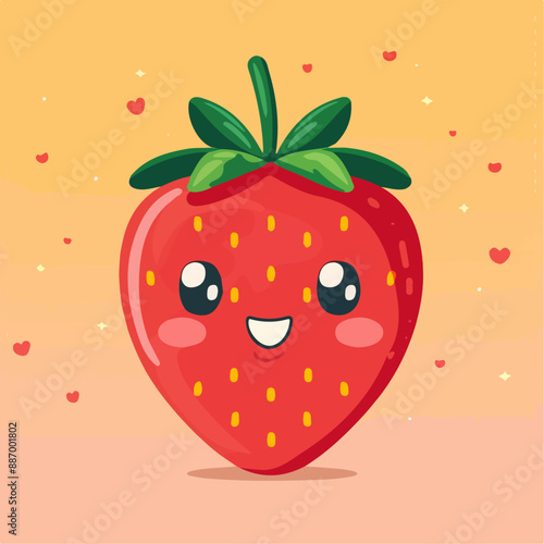 SMILING, HAPPY, cheerful Face Emotion. Double Peace Hand Gesture. Red Strawberry Fruit Cartoon Drawing Mascot Illustration.vector cartoon