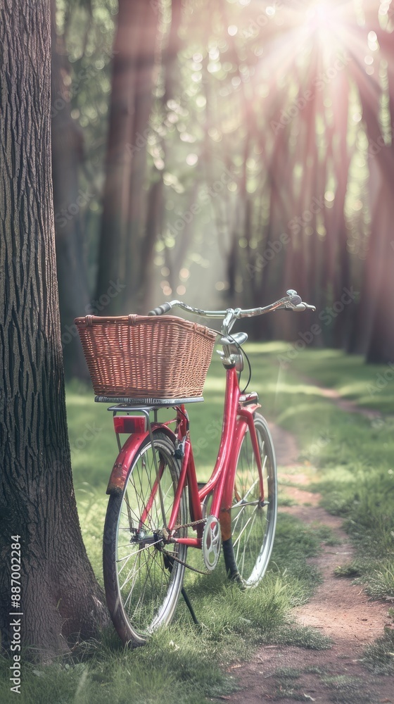 Fototapeta premium A red bicycle with a basket is parked near a tree trunk in a park during the autumn season, surrounded by fallen leaves and green grass