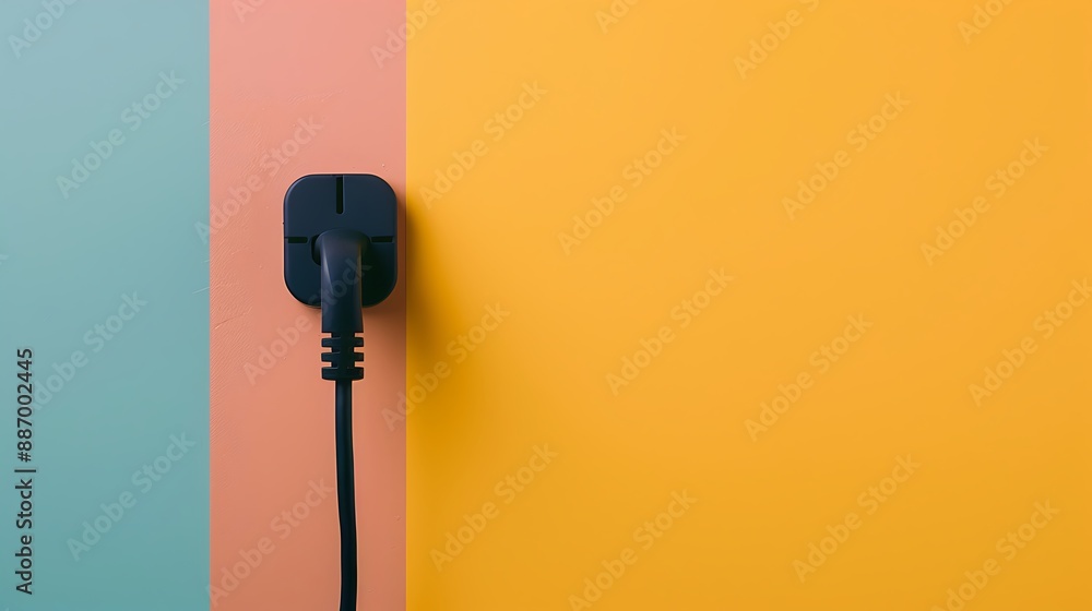 The black plug is plugged into the power lines on yellow and peach background The black plug is plugged into the power lines on yellow and peach background