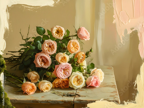a vase of painting of a bouquet of roses on a table