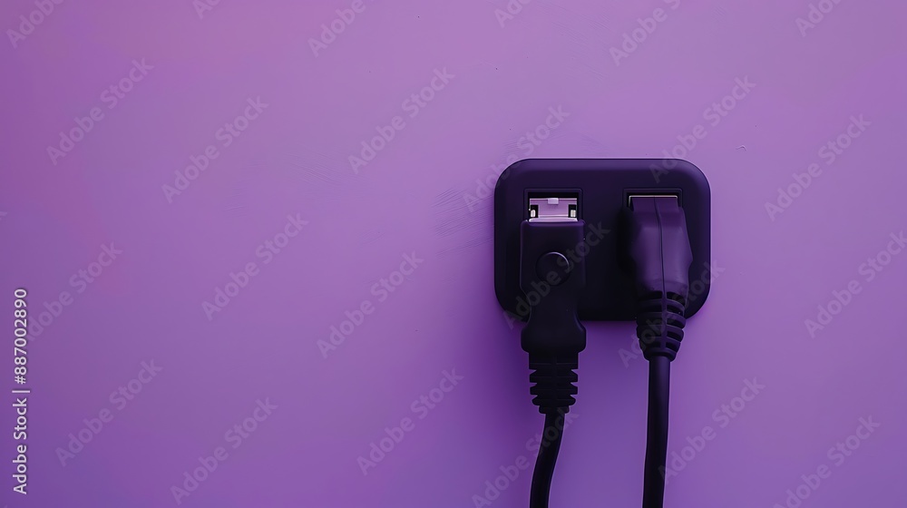 The black plug is plugged into the power lines on lavender background The black plug is plugged into the power lines on lavender background