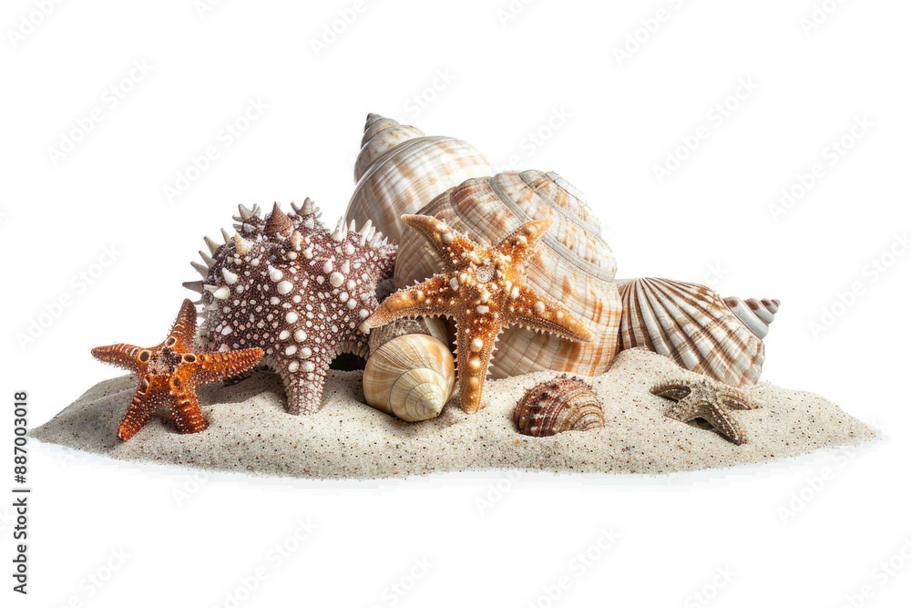 A collection of shells and starfish on the beach A collection of shells and starfish on the beach