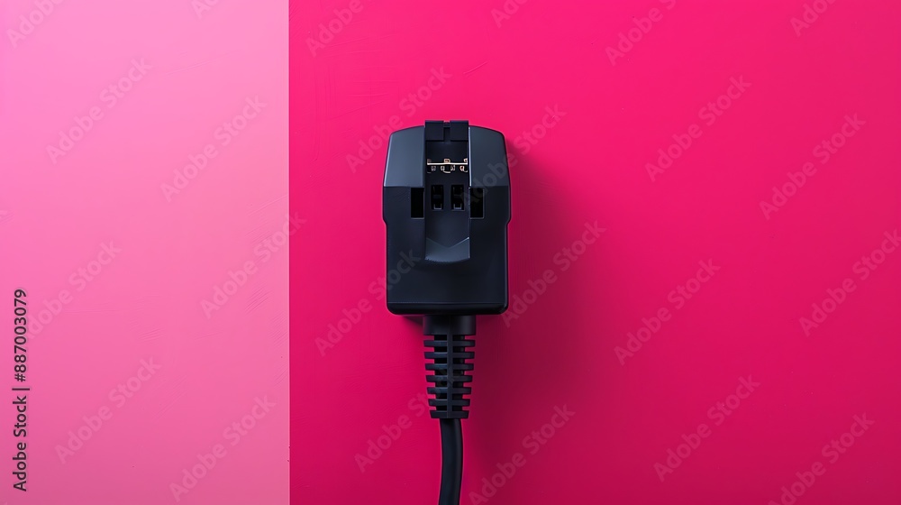 The black plug is plugged into the power lines on pink and crimson background The black plug is plugged into the power lines on pink and crimson background