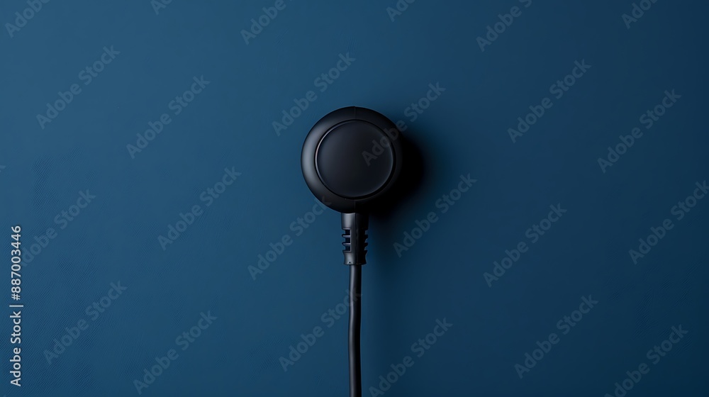 The black plug is plugged into the power lines on navy blue background The black plug is plugged into the power lines on navy blue background