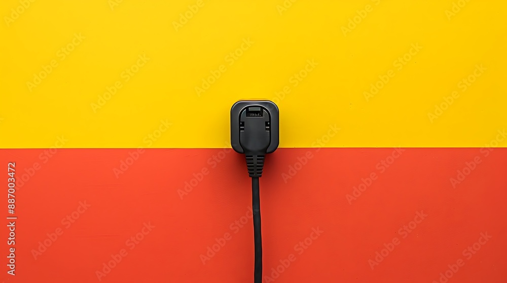 The black plug is plugged into the power lines on yellow and coral background The black plug is plugged into the power lines on yellow and coral background