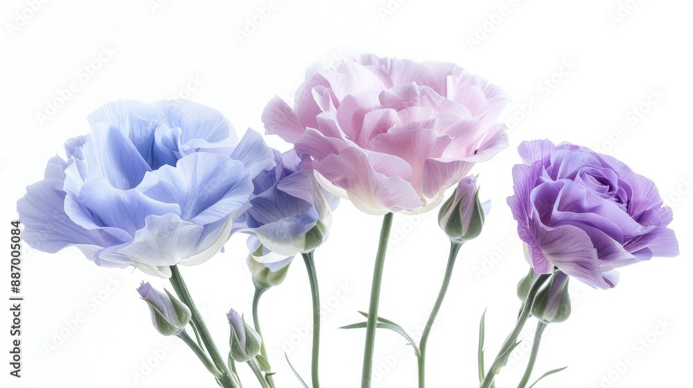 Close up image of isolated white background with mauve and blue violet eustoma flowers Close up image of isolated white background with mauve and blue violet eustoma flowers