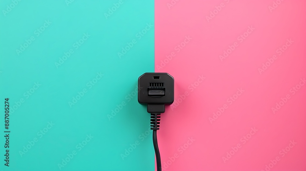The black plug is plugged into the power lines on pink and teal background The black plug is plugged into the power lines on pink and teal background