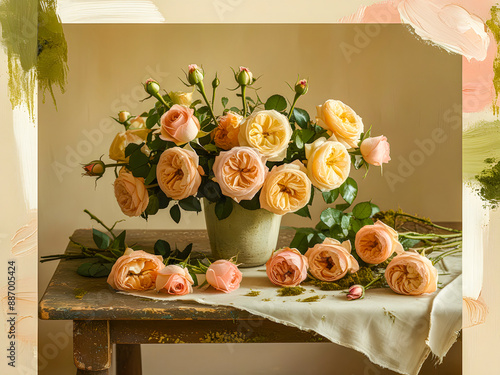 a vase of painting of a bouquet of roses on a table