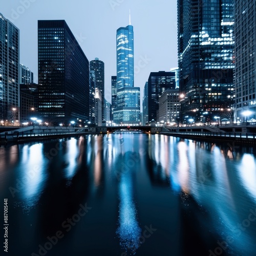 Urban skyline at night with illuminated skyscrapers, city life, modern metropolis