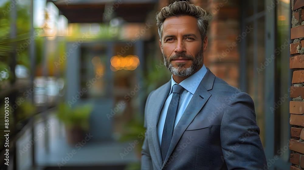 Confident mature businessman in a sharp suit outside an office building with a determined expression Confident mature businessman in a sharp suit outside an office building with a determined expression