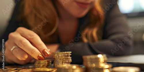 The Fiscally Responsible: A businesswoman counting a stack of gold coins, a ledger beside her. photo