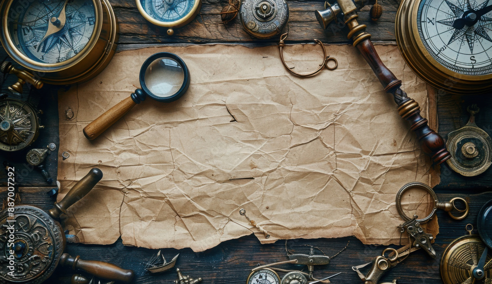 Fototapeta premium Pirate artifacts laid out on old paper on the captain's desk, illustrating an adventure and travel theme, featuring a vintage compass, magnifying glass, and other pirate equipment and accessories