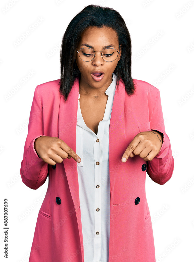 Beautiful hispanic woman wearing business jacket pointing down with fingers showing advertisement, surprised face and open mouth Beautiful hispanic woman wearing business jacket pointing down with fingers showing advertisement, surprised face and open mouth