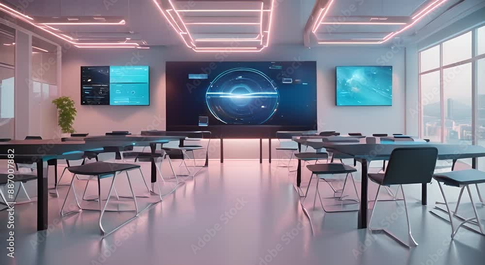 Multiple tables in a room filled with laptops and futuristic holographic displays A futuristic classroom scene with holographic displays and interactive learning tools 4k animation Multiple tables in a room filled with laptops and futuristic holographic displays A futuristic classroom scene with holographic displays and interactive learning tools 4k animation