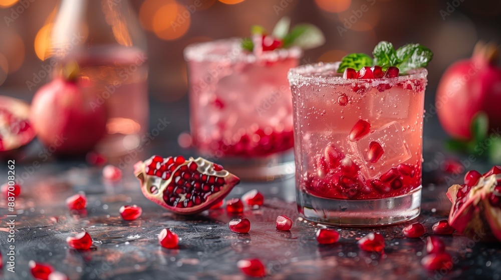 Two glasses of pomegranate cocktails with mint garnishes, scattered pomegranate seeds, and a halved pomegranate on a dark, textured surface. Two glasses of pomegranate cocktails with mint garnishes, scattered pomegranate seeds, and a halved pomegranate on a dark, textured surface.