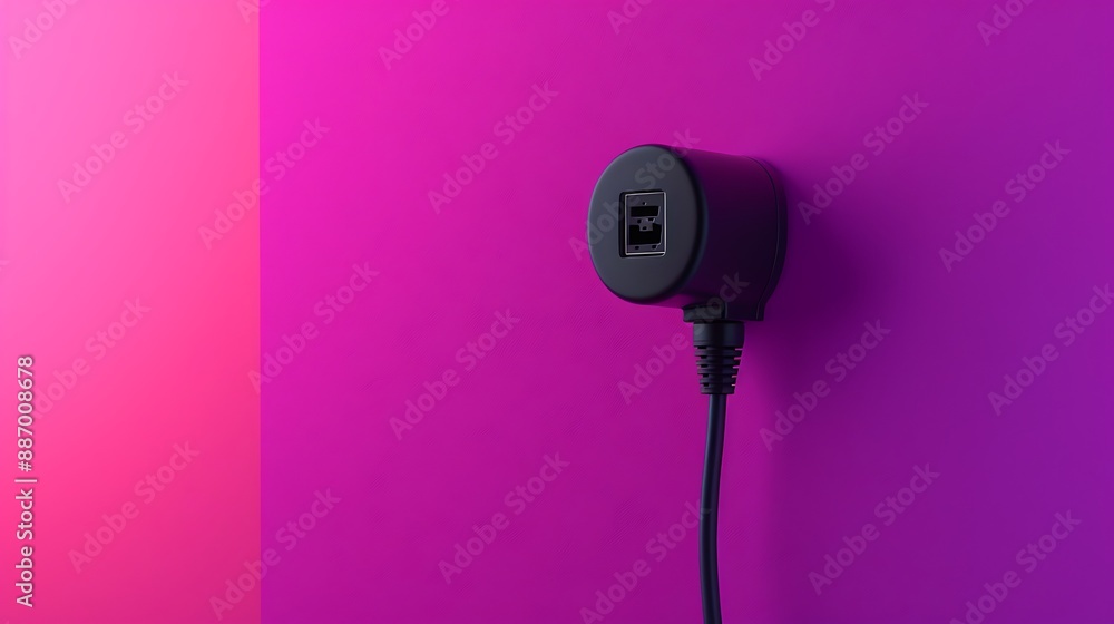 The black plug is plugged into the power lines on pink and violet background The black plug is plugged into the power lines on pink and violet background