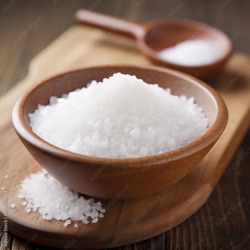 A bowl of salt is on a wooden cutting board A bowl of salt is on a wooden cutting board