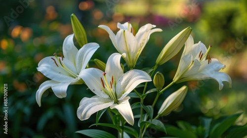 White lilies close up photography in a summer garden