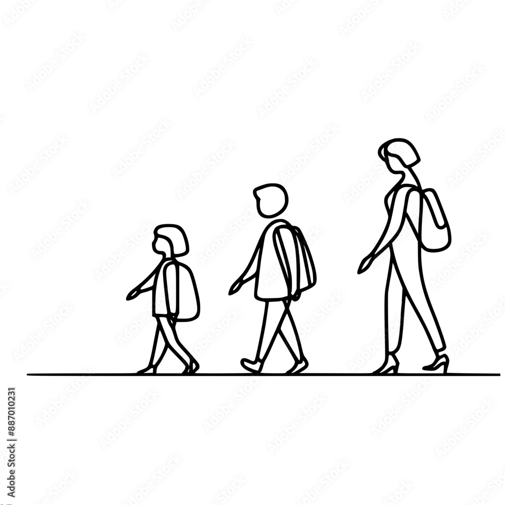 single line vector drawing of a woman and children, mother leads two children to school, children walk in front single line vector drawing of a woman and children, mother leads two children to school, children walk in front