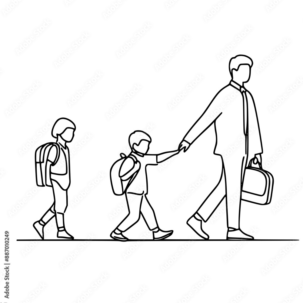 single line vector drawing of a man and children, father takes children by the hand to school single line vector drawing of a man and children, father takes children by the hand to school