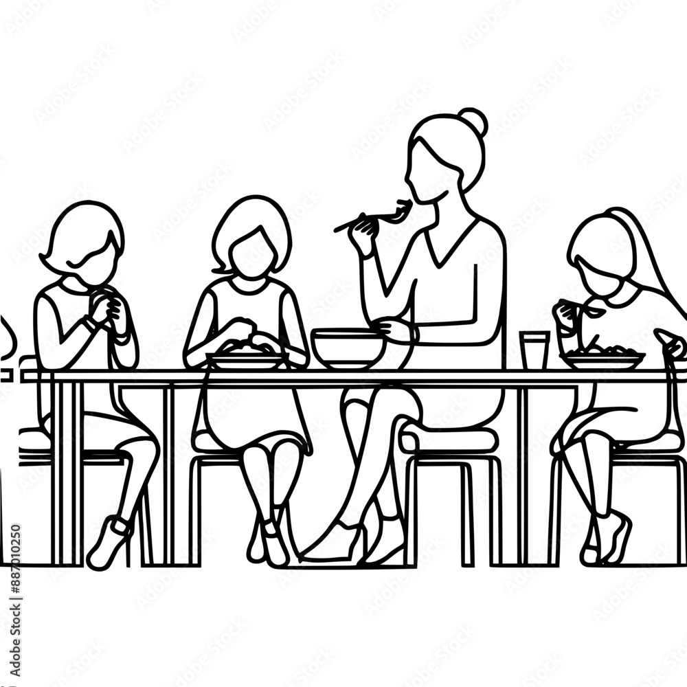 single line vector drawing, a teacher having lunch with three children in the school cafeteria single line vector drawing, a teacher having lunch with three children in the school cafeteria