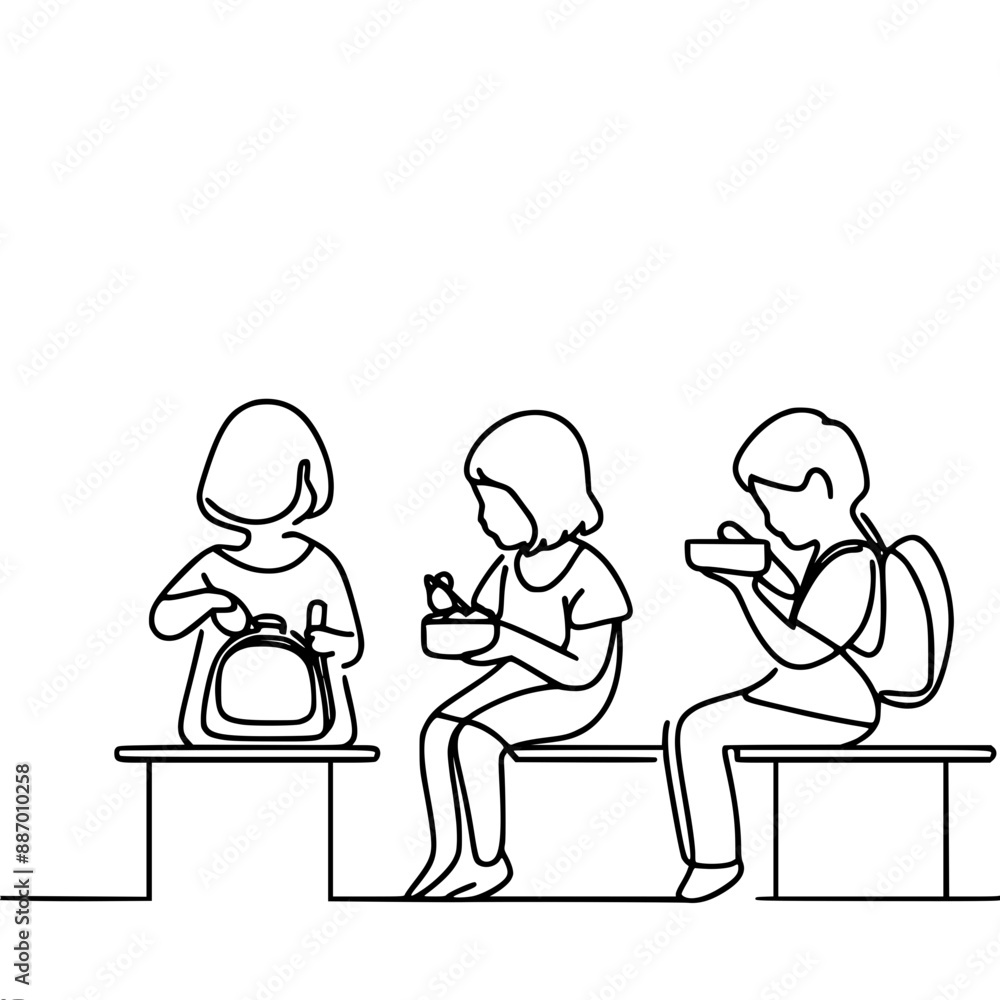 single line vector drawing, three children having lunch at school on chairs single line vector drawing, three children having lunch at school on chairs