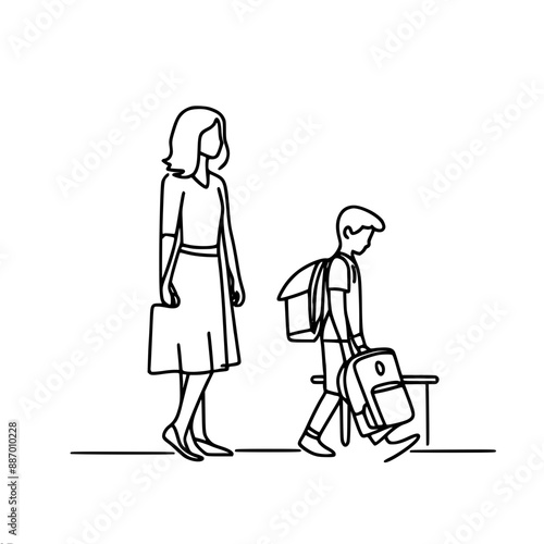 single line vector drawing of a woman and a child, mother walks with her son who carries backpacks