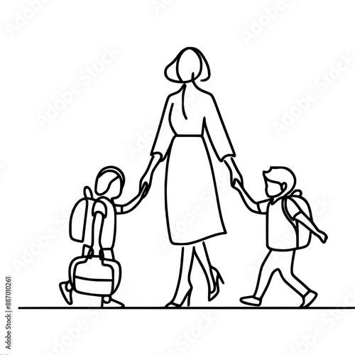 single line vector drawing of a woman and children, mother leads her son and daughter by the hand as they return from school
