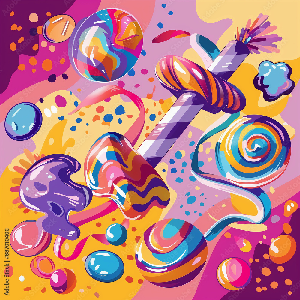 Naklejka premium A colorful painting of candy and lollipops with a skull in the middle