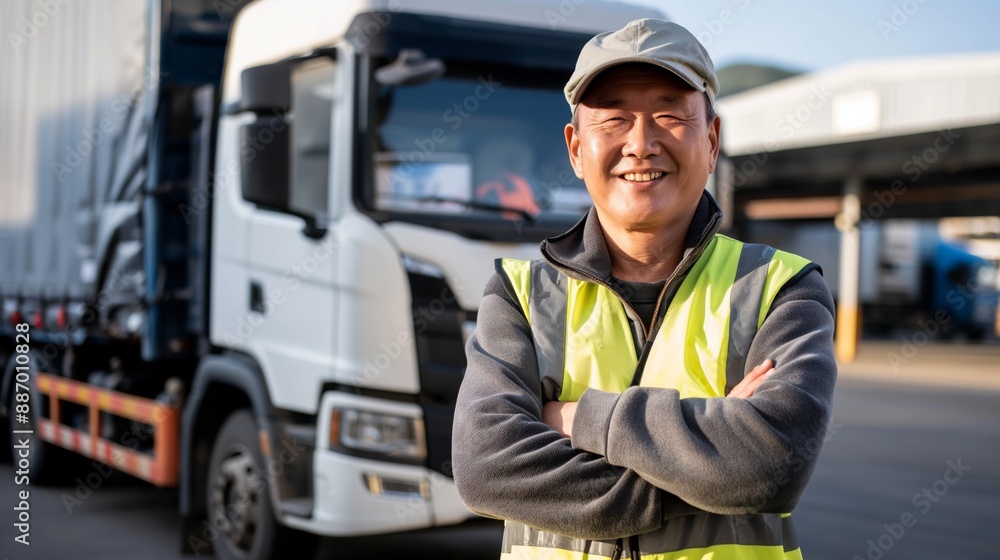 Korean Truck Driver Smiling Confidently with Folded Arms in Reflective Safety Vest Next to Truck Fleet, Logistic Industry Korean Truck Driver Smiling Confidently with Folded Arms in Reflective Safety Vest Next to Truck Fleet, Logistic Industry