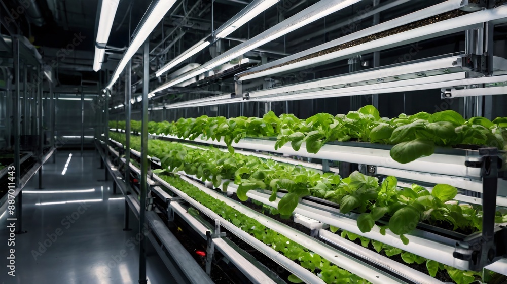 A lush greenhouse with rows of plants and a stone path surrounded by greenery and trees