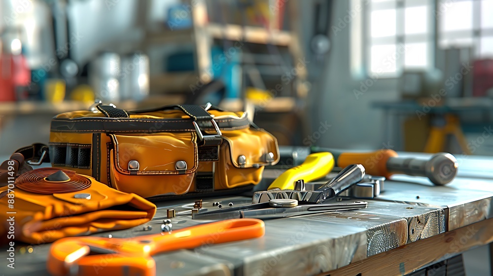 Tool belt and tools on steal table Tool belt and tools on steal table