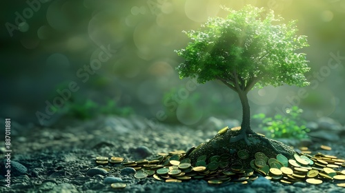 The idea of "tree growing on a pile of coins" refers to preserving profits for future investments and business expansion that will lead to both sustainable development and financial prosperity.