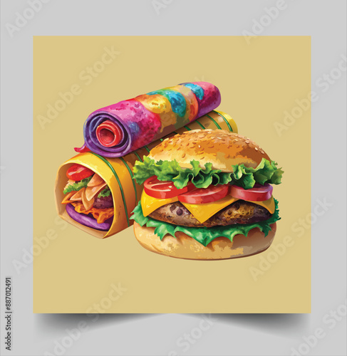 Delicious burger with many ingredients isolated on white background Tasty cheeseburger splash vector design