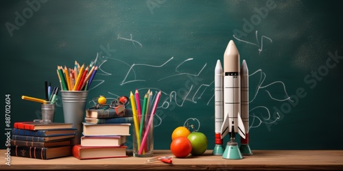 Back To School - Books And Pencils With Rocket Sketch
