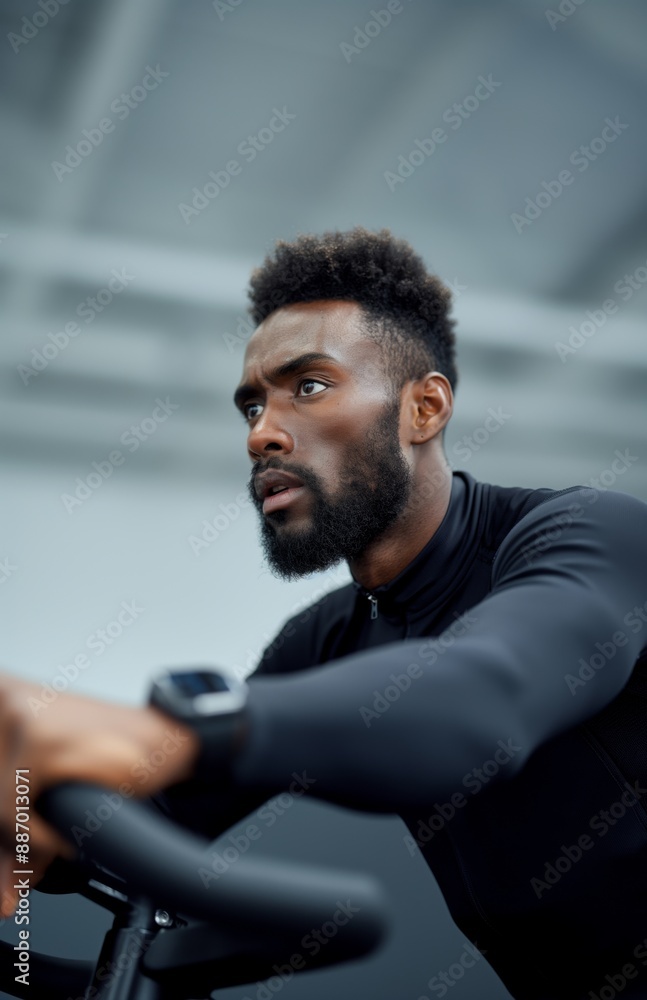 Focused Young Man Training on Stationary Bike in Modern Gym Focused Young Man Training on Stationary Bike in Modern Gym