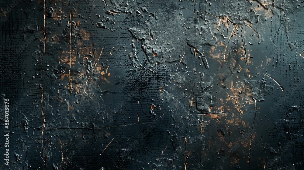 Obraz premium A dark blue cracked wall texture highlighted with golden streaks, representing resilience and the beauty in decay, while showcasing a unique artistic style.