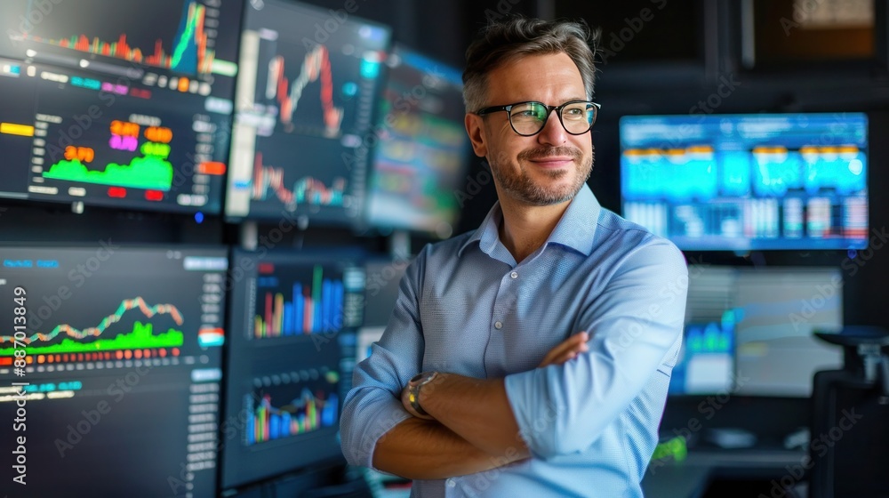 Male trader in glasses standing with crossed arms in the office against the background of monitors with charts Male trader in glasses standing with crossed arms in the office against the background of monitors with charts