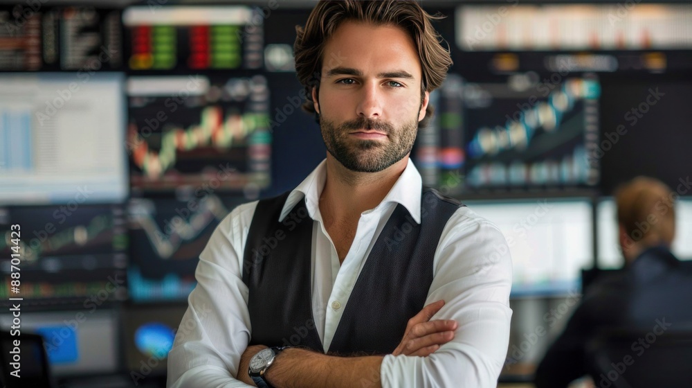 Serious male trader standing with crossed arms in the office against the background of monitors with charts